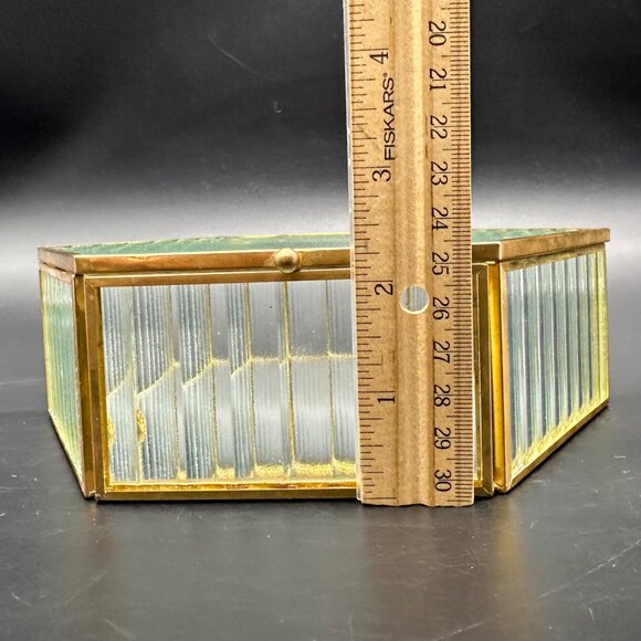 Vintage Jewelry Box Hexagon Ribbed Clear Glass Brass Hinged Top Mirrored Inside - Picture 11 of 11